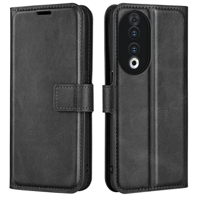 For Honor 90 Phone Shell Calf Texture Leather Cover Stand Wallet Square Magnetic Closure Case - Black