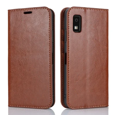 For Sharp Aquos Wish3 Wallet Phone Case Crazy Horse Texture Magnetic Protect Genuine Cow Leather Stand Cover - Light Brown