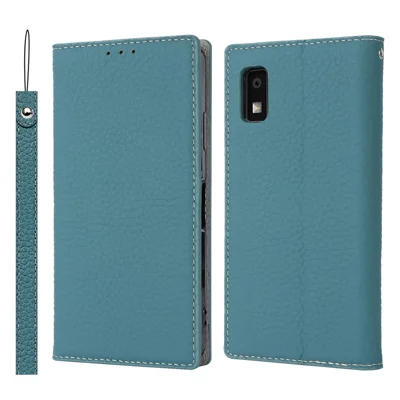 For Sharp Aquos Wish3 Genuine Cow Leather Wallet Case Litchi Texture Stand Phone Cover with Strap - Baby Blue