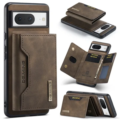 DG.MING M2 Series for Google Pixel 8 Magnetic Detachable Back Cover Leather Coated PC+TPU Kickstand Wallet Phone Case - Coffee