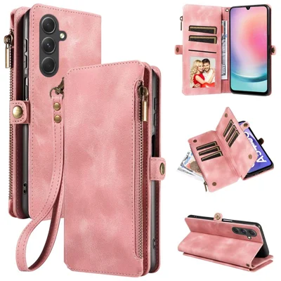 For Samsung Galaxy A25 5G (Global) (161.0 x 76.5 x 8.3mm) Zipper Pocket Wallet Stand Leather Case Drop-proof Phone Cover with Strap - Pink