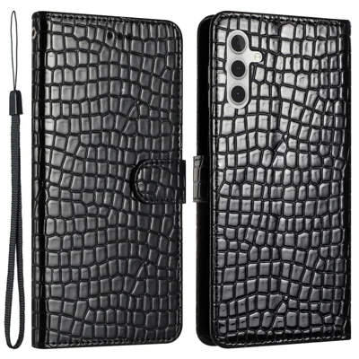 For Samsung Galaxy S23 FE Anti-fall Leather Cover Crocodile Texture Phone Case Stand Wallet with Hand Strap - Black