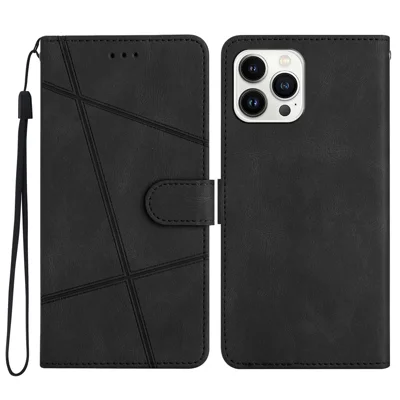 For iPhone 15 Pro Max Phone Stand Case Wallet PU Leather Phone Cover Crazy Horse Texture Imprinted Lines Shell - Black