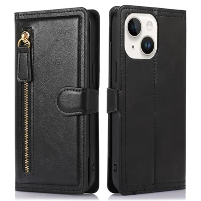 For iPhone 15 Plus Slim-Fit PU Leather Case Wallet Zipper Pocket Flip Stand Phone Cover Shell - Black