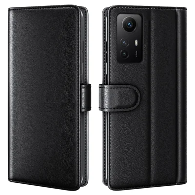 For Xiaomi Redmi Note 12S 4G Case Genuine Split Leather Phone Cover with Wallet Stand - Black