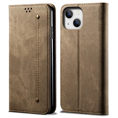 For iPhone 15 Plus Shockproof Phone Case Wallet Stand PU Leather Jeans Cloth Texture Phone Cover - Khaki