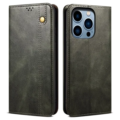 Für iPhone 15 Pro PU-Leder Handy-Hülle Wachsige Crazy Horse Textur Telefon-Cover Ständer Geldbörse - Grün