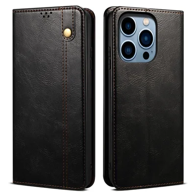For iPhone 15 Pro Max Waxy Crazy Horse Texture Phone Cover Stand Wallet PU Leather Cell Phone Case - Black