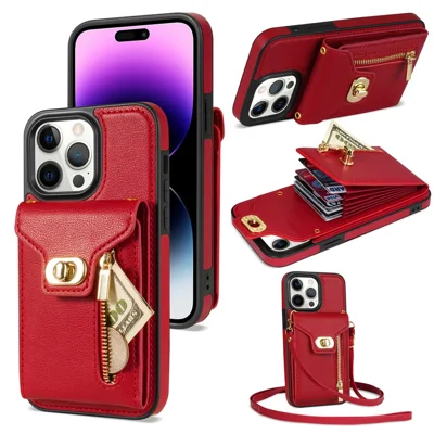 For iPhone 15 Pro Max Zipper Pocket Leather Coated TPU Phone Case Card Holder Kickstand Cover - Red
