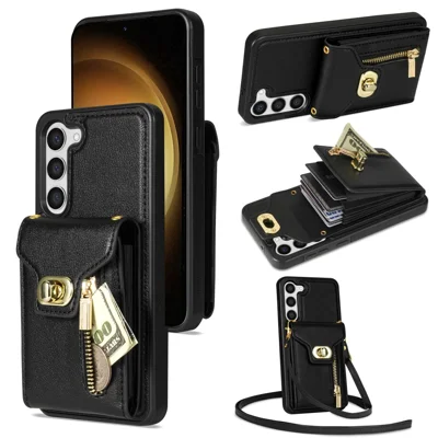 For Samsung Galaxy S23 Card Holder Phone Case Leather Coated TPU Kickstand Cover with Zipper Pocket - Black