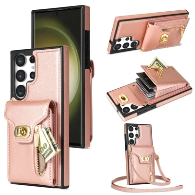 Voor Samsung Galaxy S23 Ultra Hoesje met Kaarthouders en Ritsvak Lederen Gecoate TPU Standhoes - Roze