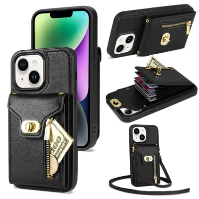 For iPhone 14 Plus Card Slots PU Leather Coated TPU Case Zipper Pocket Phone Cover with Kickstand - Black