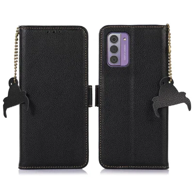 Para o caso do telefone Nokia G42 RFID Blocking Litchi Texture Genuine Couro de Vaca Stand Wallet Cover - Preto