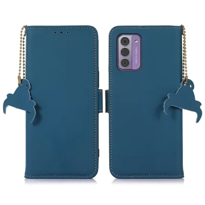 For Nokia G42 RFID Blocking Wallet Stand Phone Case Silky Feeling Genuine Cow Leather Protective Cover - Blue
