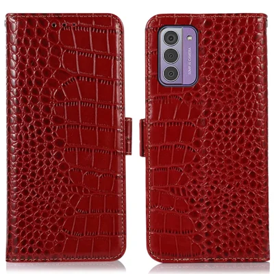 For Nokia G42 Wallet Phone Case Genuine Cow Leather Stand Crocodile Texture RFID Blocking Cover - Red