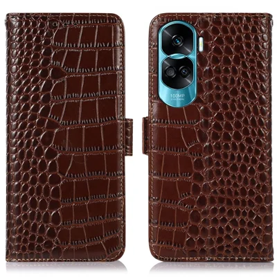 For Honor 90 Lite 5G / X50i 5G Phone Case Genuine Cow Leather RFID Blocking Wallet Stand Crocodile Texture Cover - Brown