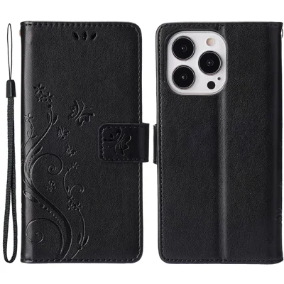 For iPhone 15 Pro Max Cell Phone Case Imprinted Butterflies PU Leather Wallet Cover Stand with Strap - Black