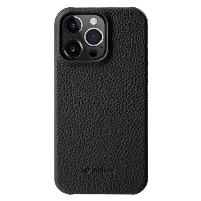 MELKCO för iPhone 14 Pro Max, äkta nöttskinn med plastbakpanel, mjuk mikrofiberfodring, ofullständig täckning, svart