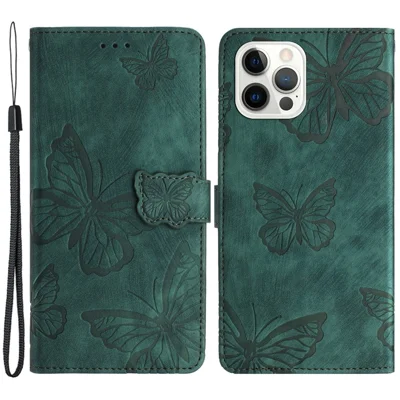 Stand Cover for iPhone 15 Pro Imprinted Butterflies Phone Case Skin-touch PU Leather Wallet with Strap - Green