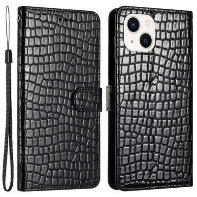For iPhone 15 PU Leather Wallet Flip Phone Case Shockproof Crocodile Texture Stand Cover with Strap - Black