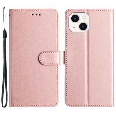 Para iPhone 15 Plus PU Leather+TPU Wallet Stand Phone Cover Silk Texture Case with Strap - Rose Gold