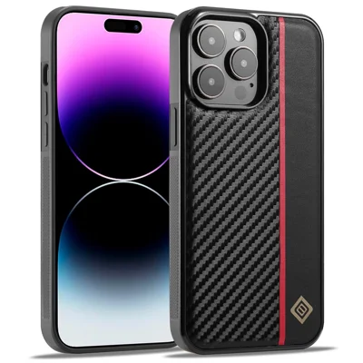 LC.IMEEKE For iPhone 14 Pro Max Carbon Fiber Splicing Cover PU Leather+TPU+EVA Shockproof Phone Case