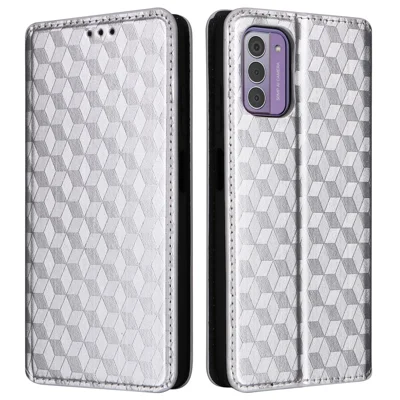 Phone Shell for Nokia G42 Rhombus Imprinted Wallet Case Viewing Stand PU Leather Cover - Silver