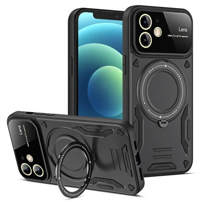 For iPhone 12 6.1 inch Compatible with MagSafe Phone Case PC+TPU Anti-drop Kickstand Cover - Black