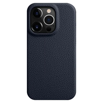 MELKCO For iPhone 14 Pro Genuine Cow Leather Coated PC Phone Case Magnetic Drop-proof Cover - Dark Blue