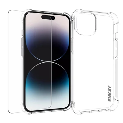 ENKAY HAT PRINCE For iPhone 15 Plus Clear TPU Case Anti-slip Phone Cover with High Aluminium-silicon Glass Screen Film