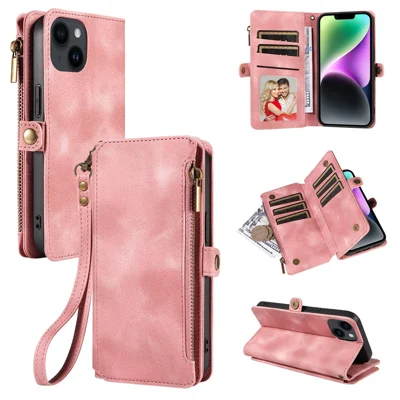 For iPhone 15 Plus Anti-Scratch Phone Cover Zipper Pocket Wallet RFID Blocking Stand Leather Case with Strap - Pink
