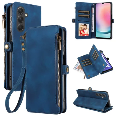 For Samsung Galaxy A24 4G (162.1 x 77.6 x 8.3mm) Zipper Pocket Foldable Stand Wallet Leather Case Phone Cover with Strap - Blue