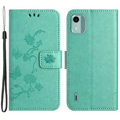 Für Nokia C12 4G / C12 Pro / C12 Plus Kratzfeste PU-Leder-Schmetterling-Blumen-Prägung Wallet-Handyhülle mit Ständer - Cyan