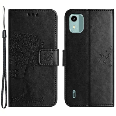 Für Nokia C12 4G / C12 Pro / C12 Plus Bedrucktes Owl Tree Pattern Stand Wallet Case PU Leder Vollschutz Handyhülle - Schwarz