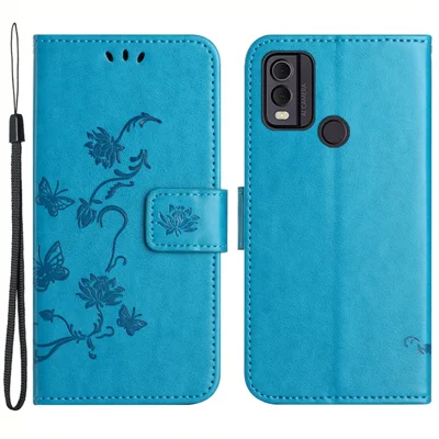 Blå skärmskydd för mobil med ficka mot damm till Nokia C32 / C22 med fjärils- och blommönster i PU-läder