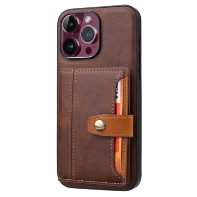 For iPhone 15 Pro Max Calf Texture Phone Case Card Slots Kickstand PU Leather Coated TPU Back Cover - Brown