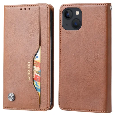 For iPhone 15 Plus Magnetic Closing Leather Phone Cover Flip Stand Wallet Drop-proof Shell - Light Brown