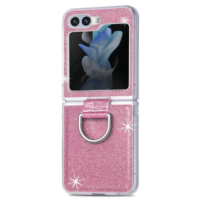 JUNSUNMAY Glitter Phone Case for Samsung Galaxy Z Flip5 5G Shockproof Hard PC Phone Cover with Ring Holder - Pink