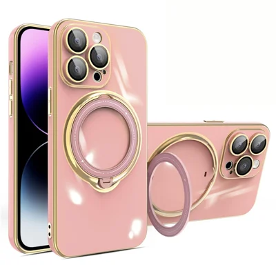 For iPhone 14 Pro Max Electroplating Kickstand Phone Case Soft TPU Cover with Lens Protector - Pink