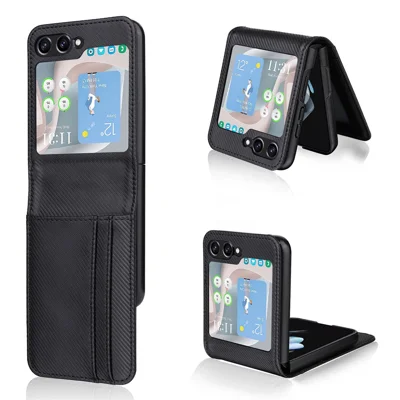 For Samsung Galaxy Z Flip5 5G Card Holder Phone Case Carbon Fiber Texture PU Leather Phone Cover - Black