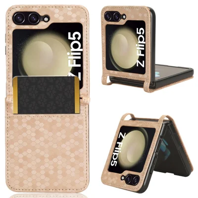 For Samsung Galaxy Z Flip5 5G PU Leather Phone Case with Card Holder Imprinted Dot Pattern Phone Cover - Rose Gold