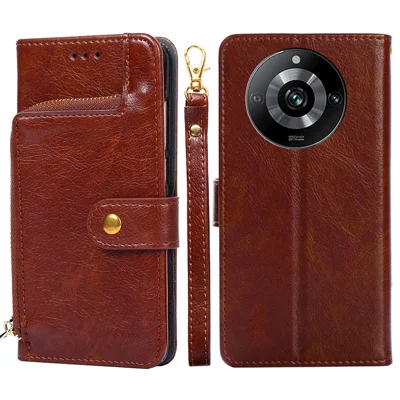 For Realme 11 Pro 5G / 11 Pro+ 5G Stand Wallet Case Anti-drop Zipper Pocket PU Leather Phone Cover with Strap - Brown