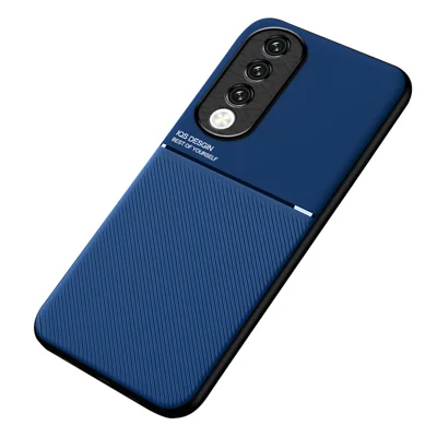 Phone Case for Honor 90 Pro , Lines Imprinted PU Leather+TPU Cover with Magnetic Holder Metal Sheet - Blue