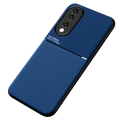 PU-læder+TPU telefonbeskytter til Honor 90, indgraveret linjedekor med magnetisk holder til bil - Blå