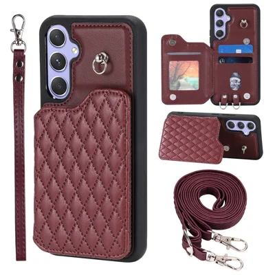 Style 008 Voor Samsung Galaxy A14 5G / A14 4G PU Leer+TPU Telefoonhoesje Met Standaard RFID Blokkering Telefoonhoesje met 2 Riemen - Wijnrood