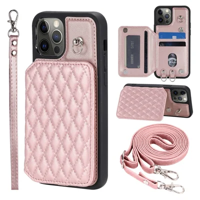 Style 008 Protective Phone Case for iPhone 12 Pro Max 6.7 inch RFID Blocking Imprinted PU+TPU Phone Cover with Straps - Rose Gold