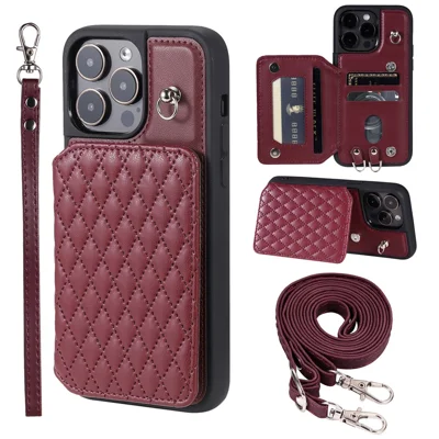 Style 008 For iPhone 14 Pro RFID Blocking Card Holder Kickstand Case Leather+TPU Phone Cover with 2 Straps - Wine Red