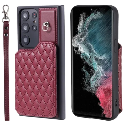 Style 008 For Samsung Galaxy S22 Ultra 5G RFID Blocking Card Holder Phone Case Leather+TPU Kickstand Back Cover - Wine Red