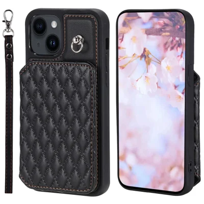 Style 008 voor iPhone 15 Plus RFID-blokkerende hoes, valbestendig PU+TPU telefoonhoesje met polsbandje - Zwart