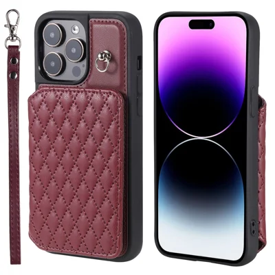 Style 008 Für iPhone 15 Pro Kickstand-Hülle PU-Leder beschichtetes TPU RFID-blockierendes Handyhüllen mit Handgelenkschlaufe - Weinrot